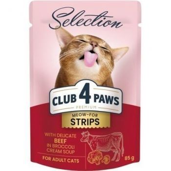 Вологий корм для дорослих котів Club 4 Paws Premium смужки з яловичиною в крем супі з брокколі 85г | Фото 1