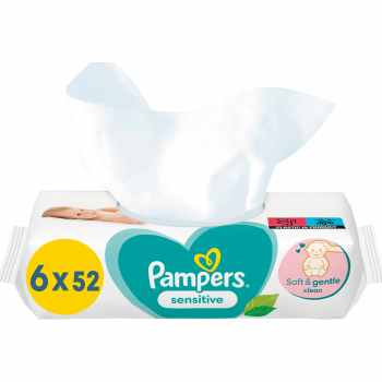 Купить влажные салфетки Серветки вологі дитячі PAMPERS Sensitive 6 х 52шт (8001841041452) | Фото 1