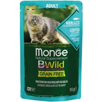 Вологий корм для кішок Monge Cat Be Wild Gr.Freeі, тріска з креветками та овочами, 85 г(8009470012768) | Фото 1