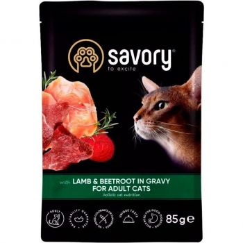 Вологий корм Savory для дорослих кішок, ягня з буряком у соусі, пауч, 85 г (4820261920123) | Фото 1