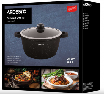 Каструля ARDESTO Gemini Anzio, скляна кришка, 26 см, чорний мармур, алюміній (AR2426GE) | Фото 1