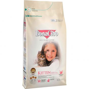 Сухий корм для кошенят BonaCibo Kitten до 12 місяців, з м`ясом курки анчоусами та рисом 1.5 кг (BC406083) | Фото 1