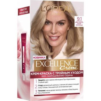 Стійка крем-фарба для волосся L'Oreal Paris Excellence Creme 9.1 Дуже світло-русявий попелястий | Фото 1