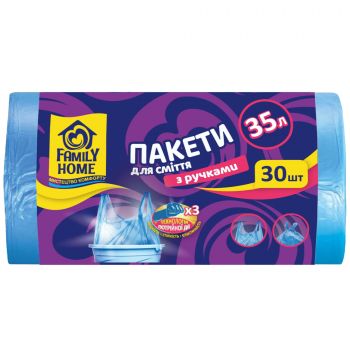 Купить мешок для мусора Пакети для сміття Family Home із ручками 50 х 65см блакитні 35л х 30шт (4820268100375) | Фото 1