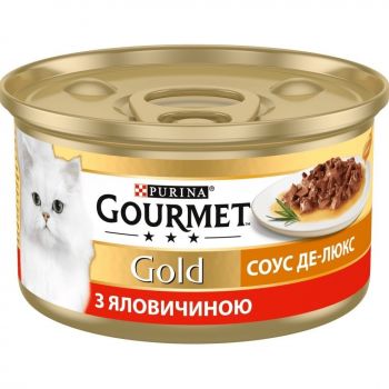 Упаковка вологого корму для кішок Gourmet Gold Соус Де-Люкс із яловичиною 12 шт по 85г(7613036705141) | Фото 1