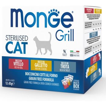 Вологий корм для стерилізованих кішок Monge cat grill з півником, фореллю, телятиною 1.02 кг (8009470017527) | Фото 1