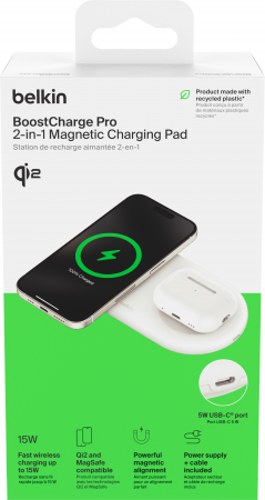 Бездротовий зарядний пристрій BELKIN 2в1 15Вт Pad Qi2 White (WIZ021VFWH) Бездротовий зарядний пристрій BELKIN 2в1 15Вт Pad Qi2 White (WIZ021VFWH) | Фото 4
