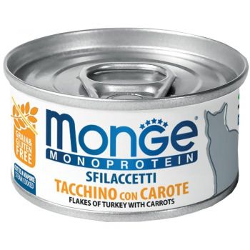 Вологий корм для кішок Monge Cat Monoprotein м'ясні пластівці індичка морква, 80 г (8009470007191) | Фото 1