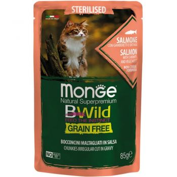 Вологий корм для стерилізованих кішок Monge Be Wild Gr.Free шматочки в соусі, лосось із креветками (8009470012782) | Фото 1