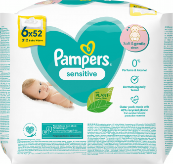 Серветки вологі дитячі PAMPERS Sensitive 6 х 52шт (8001841041452) | Фото 3