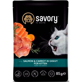 Вологий корм Savory для кошенят, лосось з морквою в соусі, пауч, 85 г (4820261920079) | Фото 1
