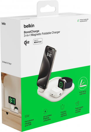 Бездротовий зарядний пристрій BELKIN 3в1 Magnetic Foldable iPhone/Watch/AirPods Qi2 15W, White Бездротовий зарядний пристрій BELKIN 3в1 Magnetic Foldable iPhone/Watch/AirPods Qi2 15W, White | Фото 11