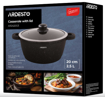 Каструля ARDESTO Gemini Anzio, скляна кришка, 20 см, чорний мармур, алюміній (AR2420GE) | Фото 6