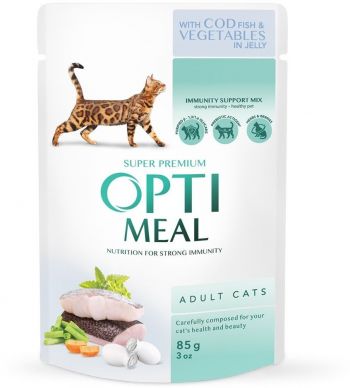 Вологий корм Optimeal для дорослих котів з тріскою та овочами в желе 4*85г | Фото 3