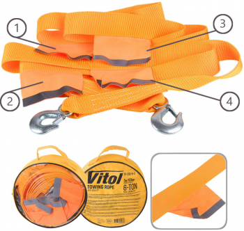 Трос буксирувальний Vitol 6т 60мм * 5м 2 гака Помаранчевий (ТР-250-6-3) Трос буксирувальний Vitol 6т 60мм * 5м 2 гака Помаранчевий (ТР-250-6-3) | Фото 2