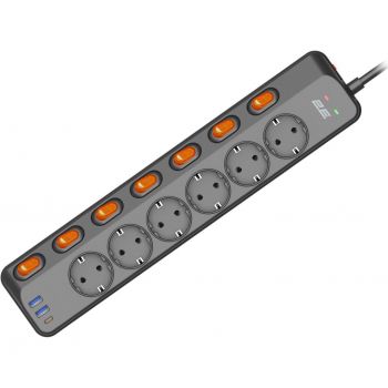 Купить сетевой фильтр и удлинитель Мережевий подовжувач 2E 6xТип F, 3*1.5мм, 2*USB-A, 1*USB-C (2E-SP6M3SWBK) | Фото 1