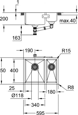 Мийка кухонна Grohe K700U, прямокут., без крила, 595х450х200мм, чаша - 2, врізна, нерж. сталь Мийка кухонна Grohe K700U, прямокут., без крила, 595х450х200мм, чаша - 2, врізна, нерж. сталь | Фото 2