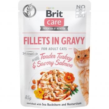 Вологий корм для кішок Brit Care Cat pouch 85г філе в соусі ніжна індичка та пікантний лосось (8595602540501) | Фото 1