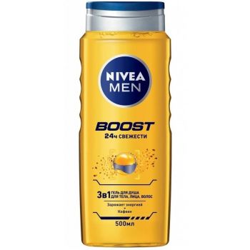 Гель для душу NIVEA Men Boost 3в1 Для тіла обличчя волосся з кофеїном 500 мл (9005800341644) | Фото 1