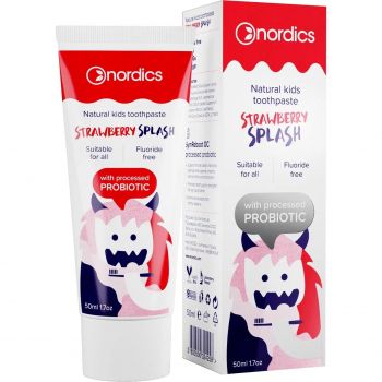 Дитяча зубна паста Nordics Kids Strawberry Splash з пробіотиком 50 мл (3800500324258) Купить зубную пасту и ополаскиватель Дитяча зубна паста Nordics Kids Strawberry Splash з пробіотиком 50 мл (3800500324258) | Фото 1