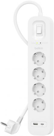 Мережевий фільтр BELKIN 4хSchuko, USB-A/USB-C 18Вт, 16А із захистом від перенапруги, 2м (SRB001VF2M) | Фото 4