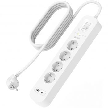 Мережевий фільтр BELKIN 4хSchuko, USB-A/USB-C 18Вт, 16А із захистом від перенапруги, 2м (SRB001VF2M) | Фото 1